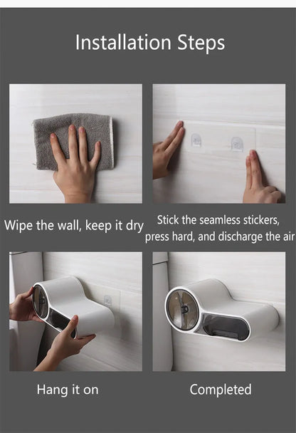 White plastic clamp-on bathroom toilet paper holder with curved design