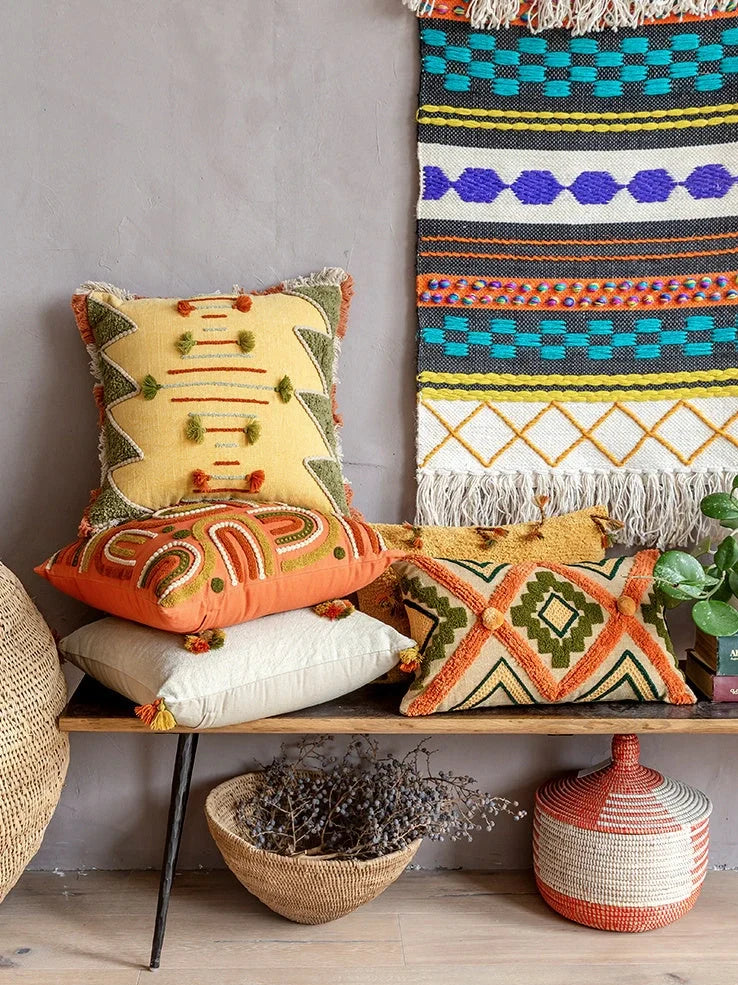 Vintage handmade embroidered throw pillow in jewel 01 tones, cotton cover 30x50cm with intricate stitching details