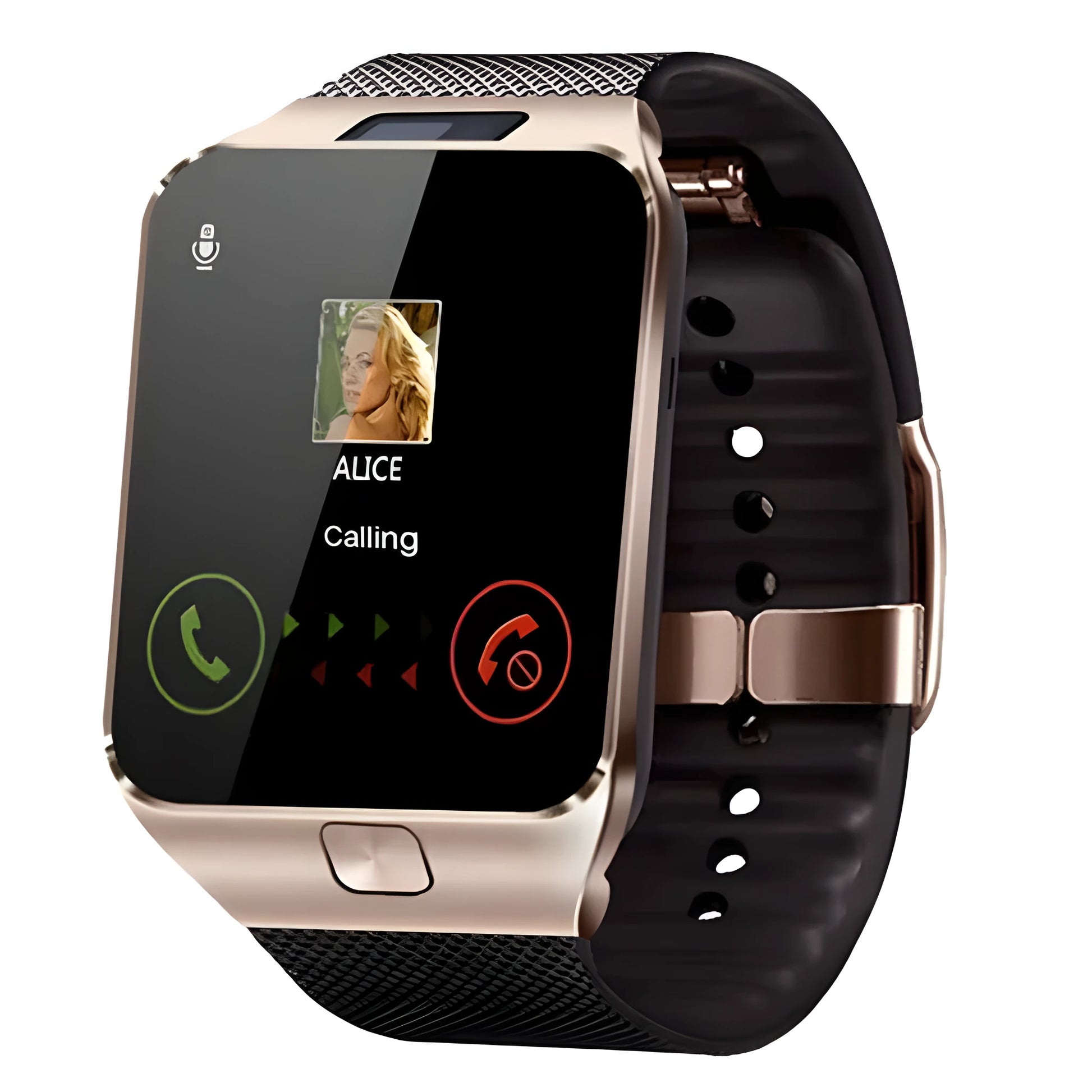 Smart watch with touch screen showing call interface, on a wrist strap.