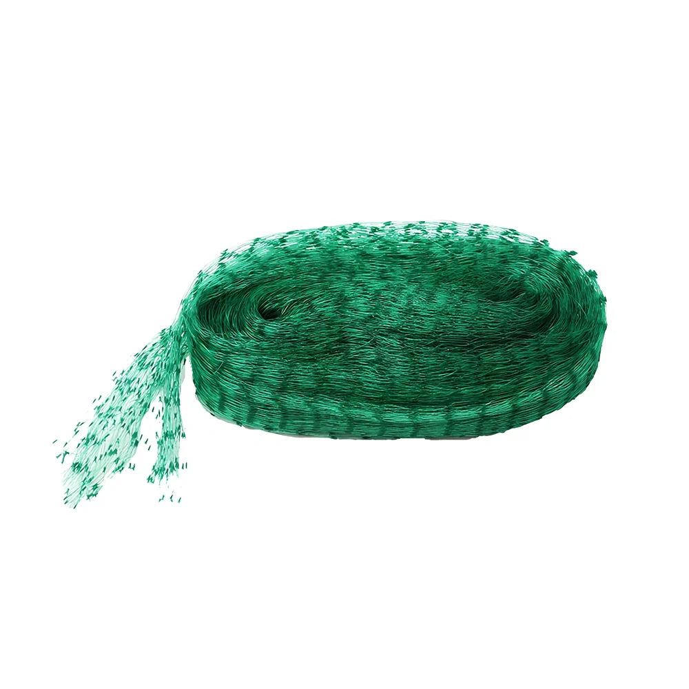 Green plastic garden bird net draped over plants showing mesh pattern and size options