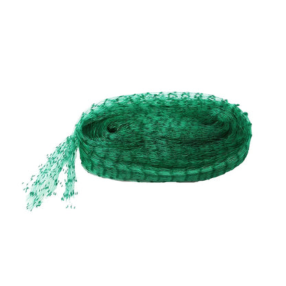Green plastic garden bird net draped over plants showing mesh pattern and size options