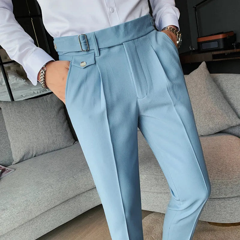 Straight-leg casual trousers in solid khaki colour on a hanger, showing the classic fit.