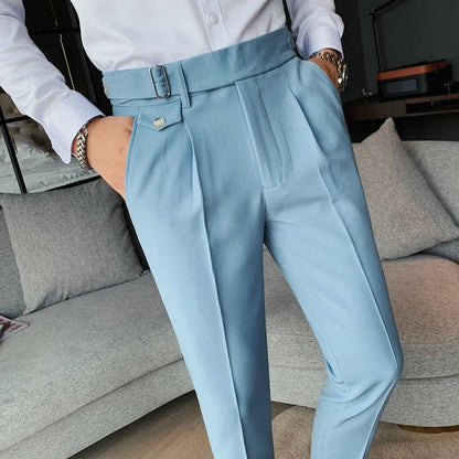 Straight-leg casual trousers in solid khaki colour on a hanger, showing the classic fit.
