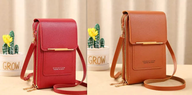 Women's messenger touch screen phone bag in solid colors with diamond decorative elements