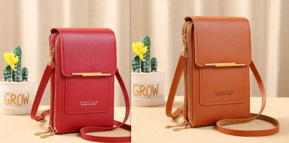 Women's messenger touch screen phone bag in solid colors with diamond decorative elements