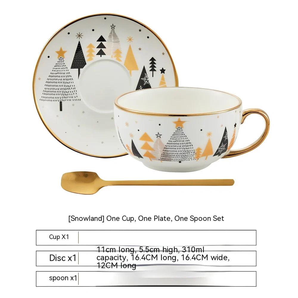 Christmas ceramic cup and saucer set with spoon featuring festive patterns and porcelain construction