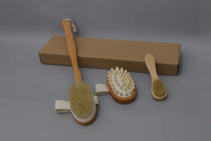 Lotus wood bathroom brush set with massage head, bath brush, and face brush in kraft paper box