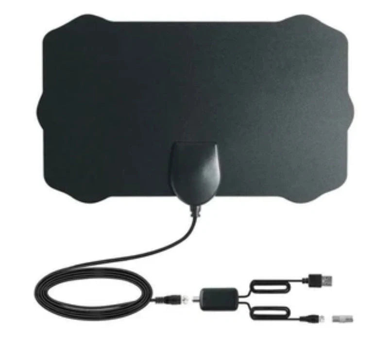 Compact HD digital TV antenna with adhesive back for easy installation and 80-mile range.
