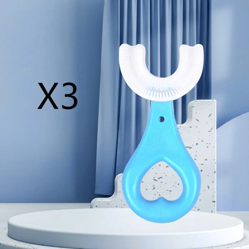 Children's U-shaped soft rubber toothbrush in pink and blue colours.