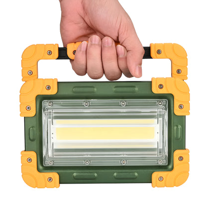 Yellow aluminium alloy COB work light, 50W, 120° wide beam, IP65 waterproof, USB cable, 20.5 x 4 x 13 cm