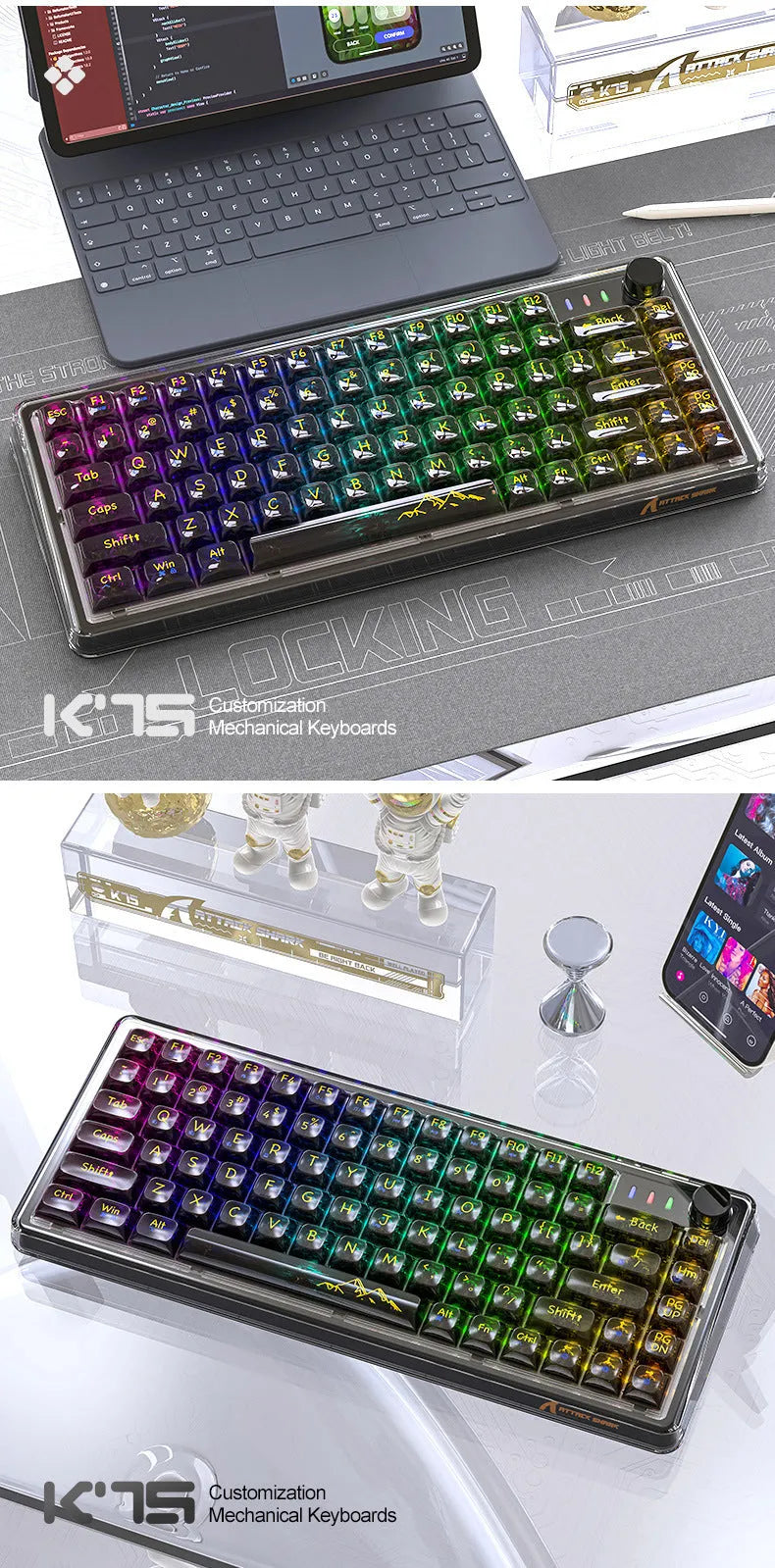 Attack Shark K75 RGB wireless mechanical keyboard with transparent PC casing and hot-swap switches