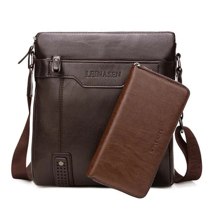 Men's soft messenger shoulder bag with zip closure and polyester lining in black, brown, or khaki
