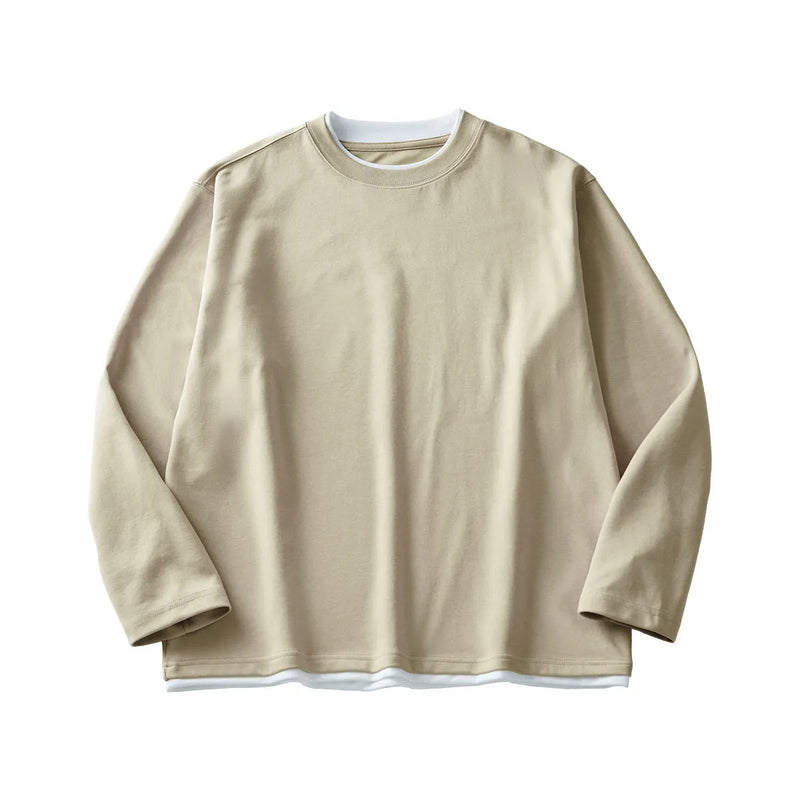 Men's long-sleeved cotton blend t-shirt loose fit pullover top round neck solid colour casual style in black white mixed grey navy blue or khaki Asian size chart S M L XL XXL
