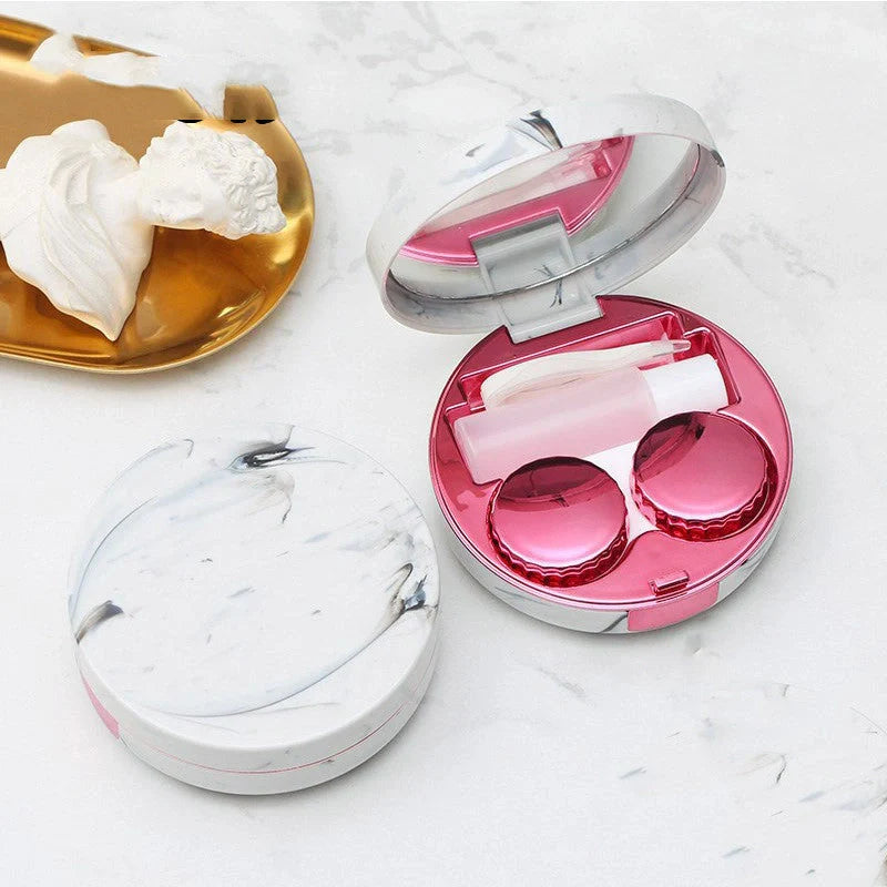Square contact lenses case with marble surface and mirror, includes lens care accessories