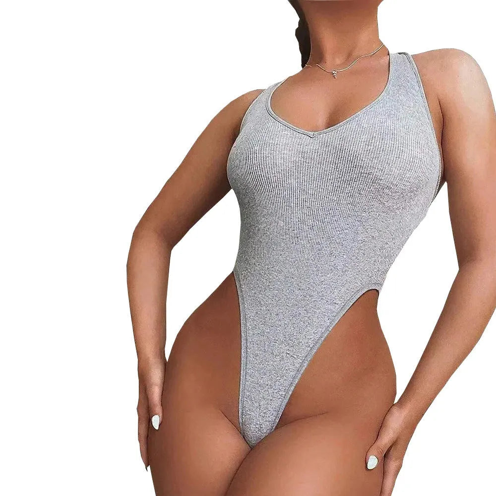 Gray women's halter jumpsuit with vest top and high-waisted shorts