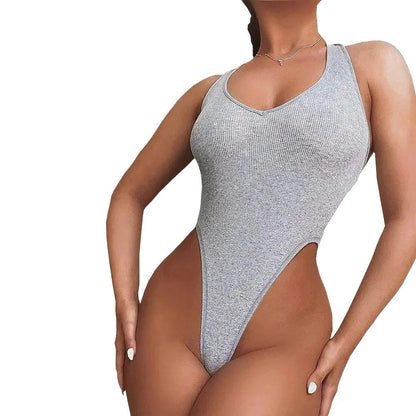 Gray women's halter jumpsuit with vest top and high-waisted shorts