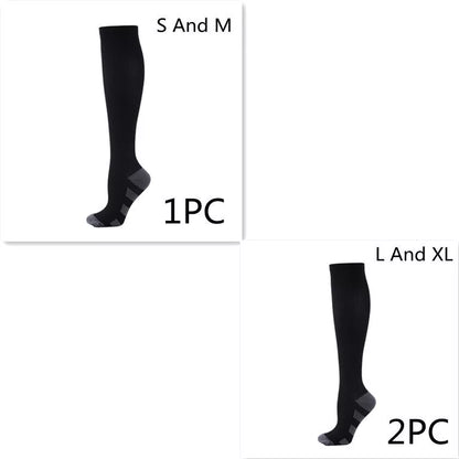 Athletic compression socks with three-bar design in black, pink, and white