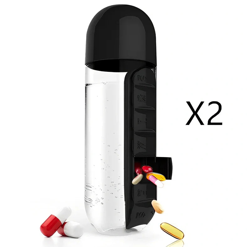 Two-in-one water cup with attached 7-day pill organiser showing daily compartments and screw-top lid