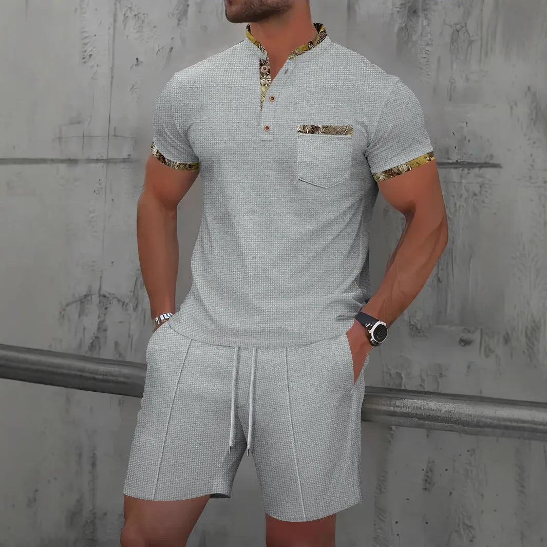 Men's grey waffle texture polo collar short sleeve suit with zipper and matching shorts for summer wear