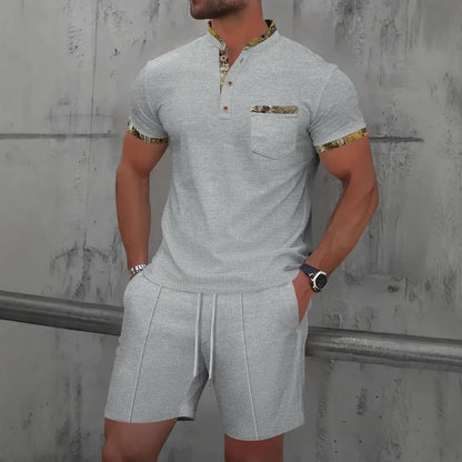 Men's grey waffle texture polo collar short sleeve suit with zipper and matching shorts for summer wear