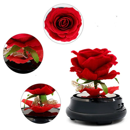 Handmade red velvet rose in eternal preservation inside 20 cm glass lantern with warm 300-lumen lamp for home decor