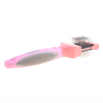 A blue double-sided pet grooming brush with stainless steel pins and a non-slip handle.