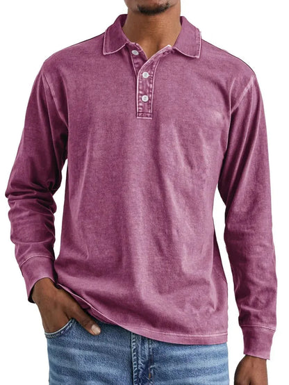Retro washed distressed cotton lapel long sleeve polo shirt in various colours and sizes
