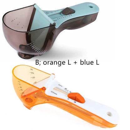 Orange and blue digital measuring spoon set showing measurement units and ergonomic handle.