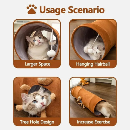 Collapsible brown or grey cat tunnel with a plush ball on top, shown in both extended and folded flat positions.