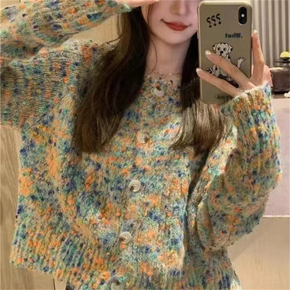 Pink and green retro style knitted cardigan with slim fit and toothbrush hair fabric