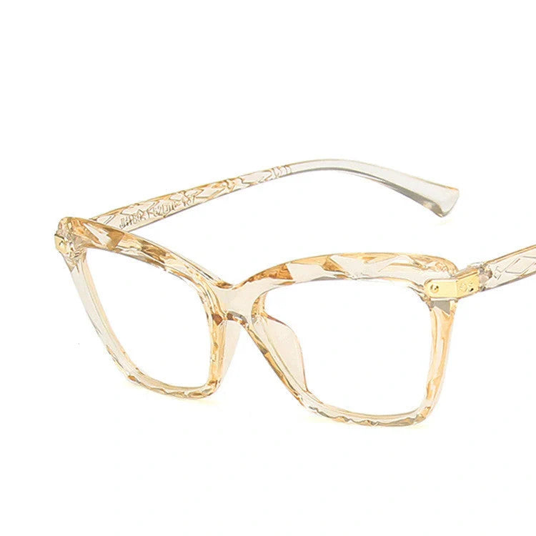 Anti-Blue Light Cat-Eye Glasses with Multi-Faceted Design in Transparent, Black, and Grey Colors