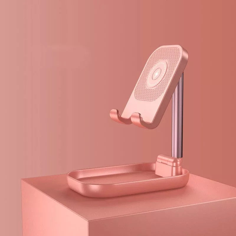 Folding portable wireless charging mobile phone holder in pink, white, or black