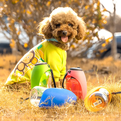Portable pet water bottle with drinking bowl in blue, showing 680ml capacity and key lock mechanism