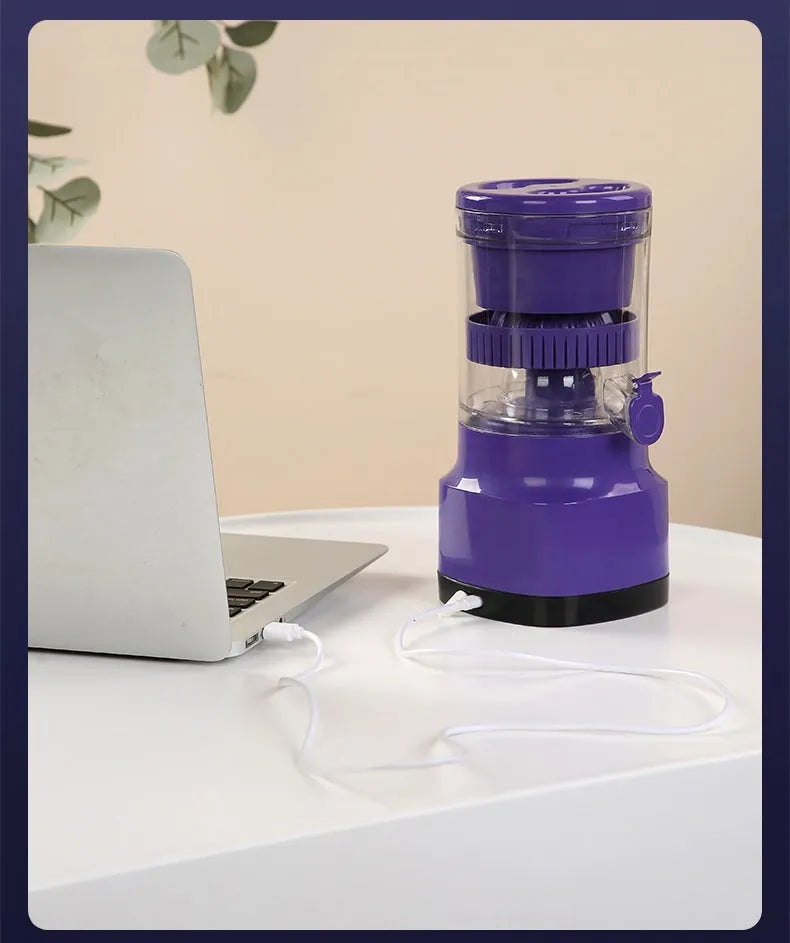 Purple USB rechargeable electric citrus juicer with detachable parts and charging cable.
