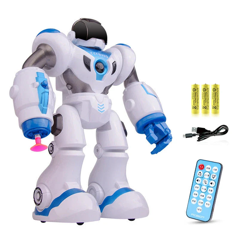 A remote-controlled robot toy with music and dance features, designed for children's entertainment and engagement.