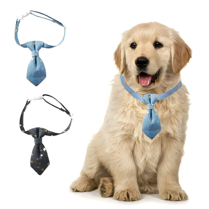 Designer dog collar with long tie and golden star, adjustable S 14-20cm or M 19-32cm, black or blue