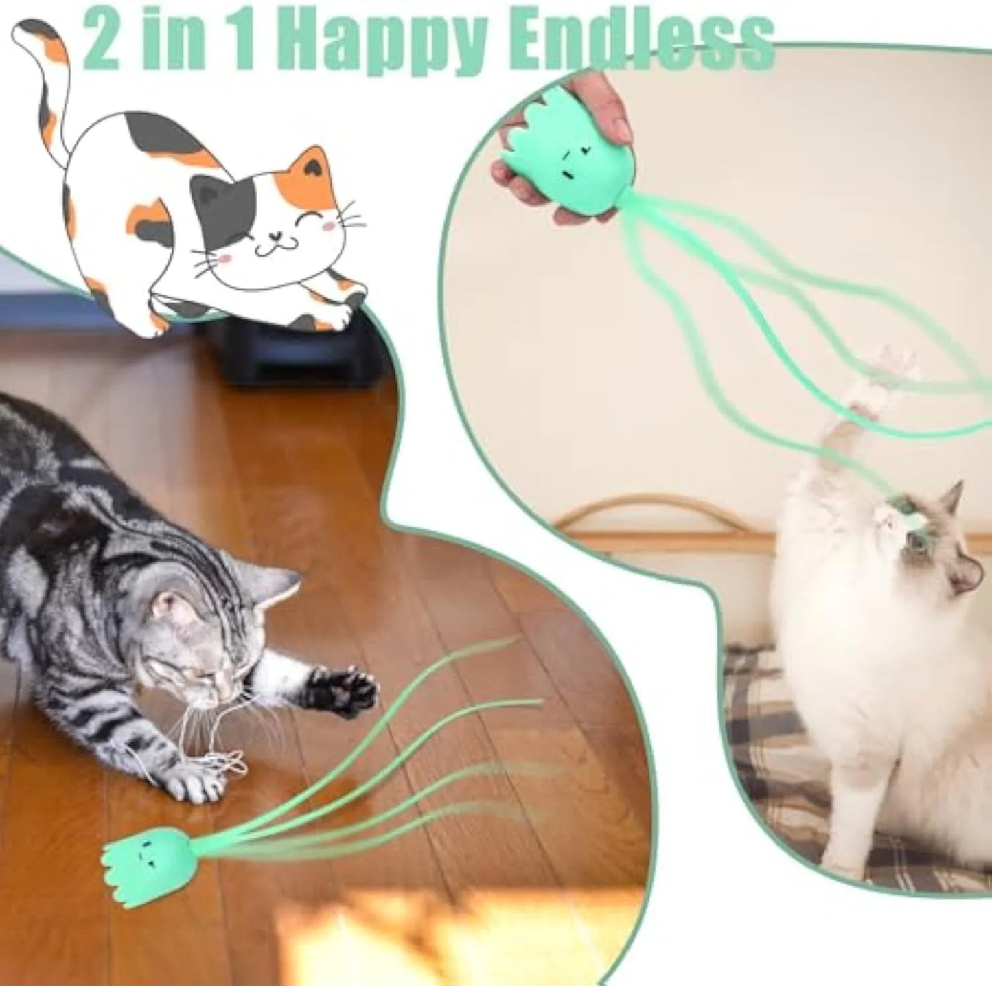 Green automatic electronic cat wand toy with silicone tails moving, placed on a carpet.