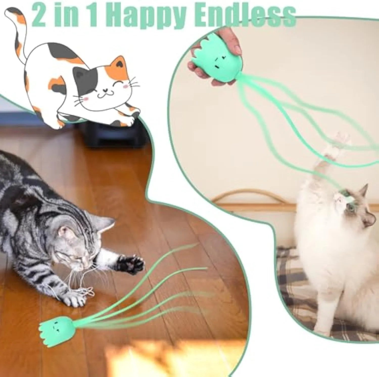 Green automatic electronic cat wand toy with silicone tails moving, placed on a carpet.