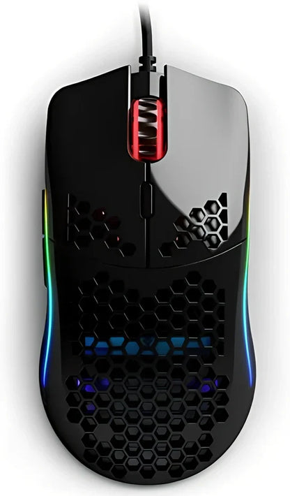 Black matte gaming mouse with hole design showing RGB lighting and ergonomic shape for right-handed use