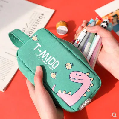 Cartoon dinosaur stationery bag in 12 Ann cotton cloth, 18.5 x 9 cm, inverted trapezoid shape, Blue Green Pink Sky Blue options