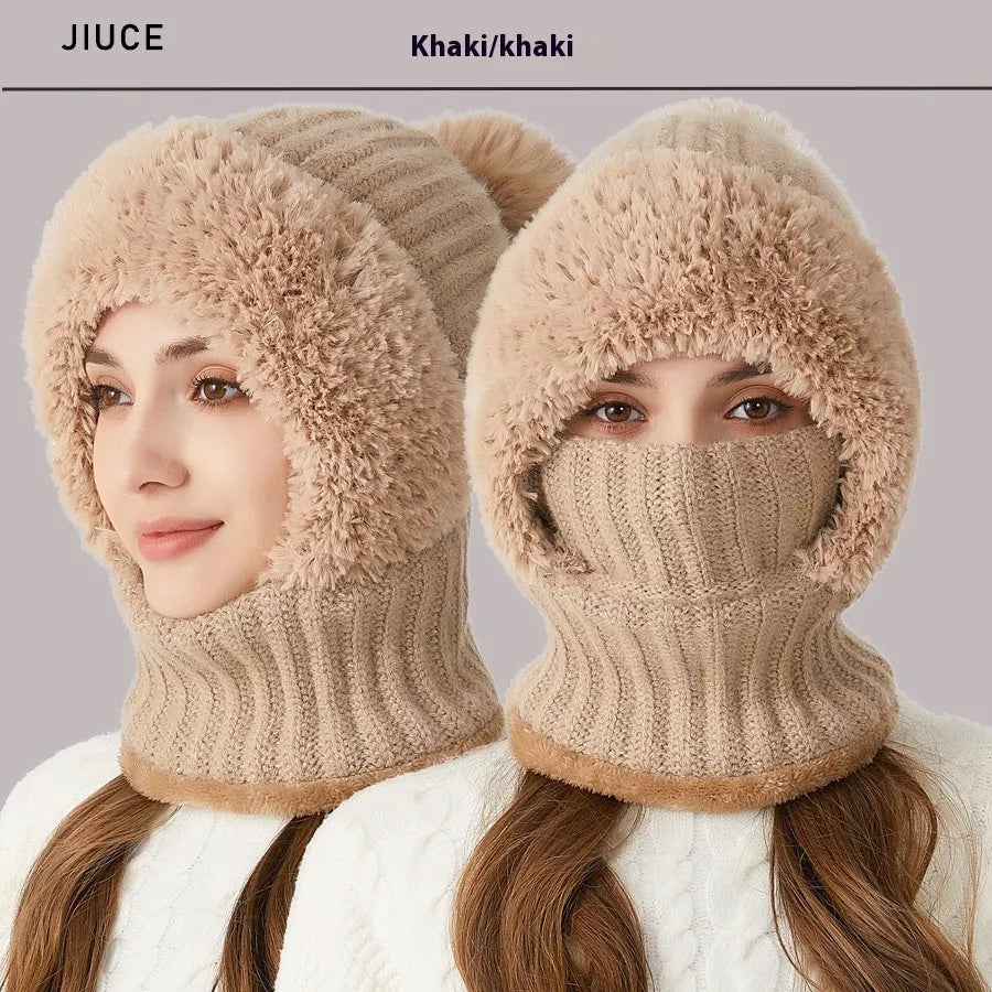 High elastic solid color knitted hat scarf mask one-piece for women in six colors