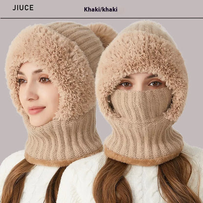 High elastic solid color knitted hat scarf mask one-piece for women in six colors