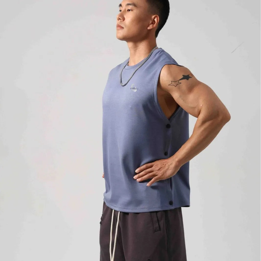 Men's loose black cotton fitness vest with hidden side hooks in Korean style.