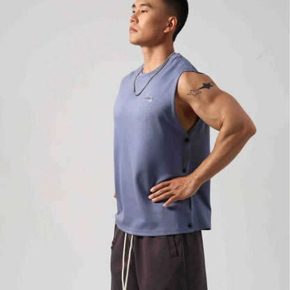 Men's loose black cotton fitness vest with hidden side hooks in Korean style.