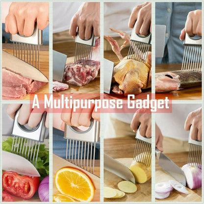 Stainless steel onion holder slicer tool with sharp prongs and a finger guard protector on a kitchen surface.