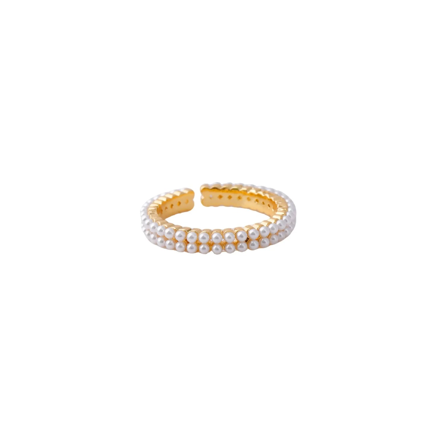 Gold electroplated pearl ring with open mouth geometric design and round pearl elements