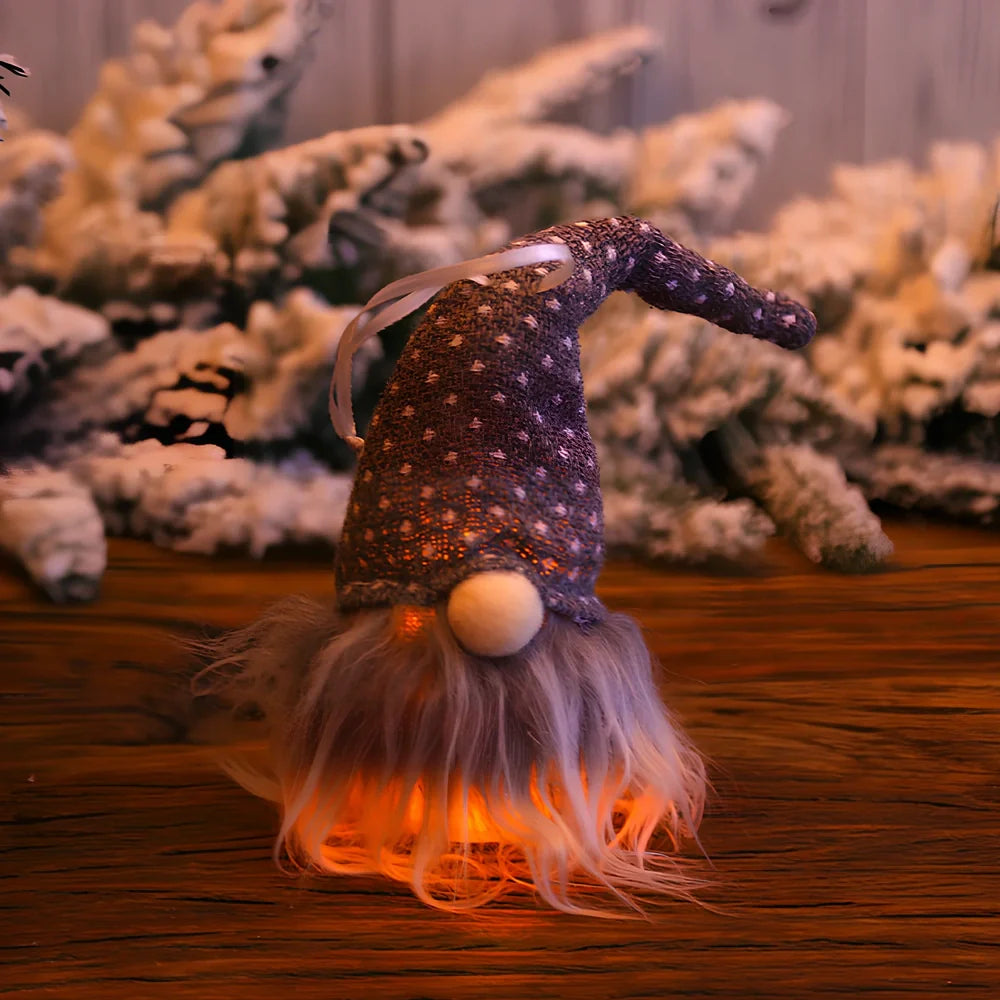 Handmade Swedish gnome Christmas decoration with warm LED lighting and snowflake details