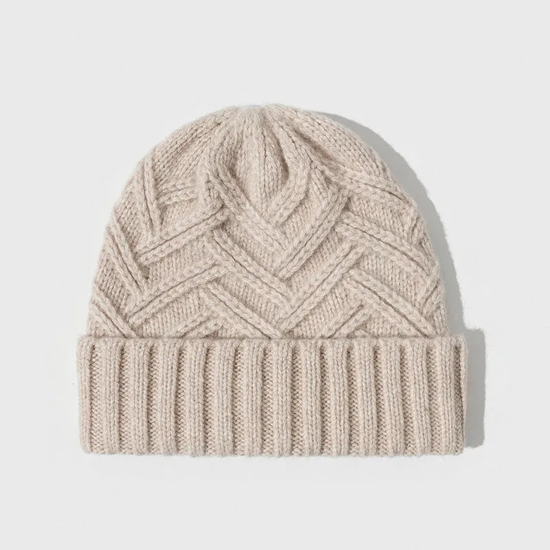Wool knitted women's hat with dome crown in ankela red colour showing totem pattern details