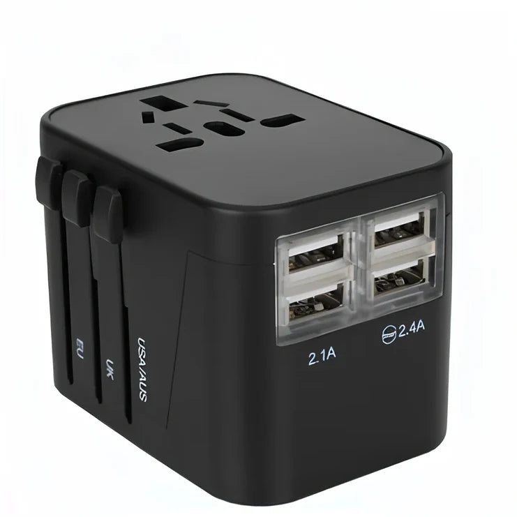 Black multi-country travel adapter 54x68x51mm with universal plugs for 2000W devices in 180 countries