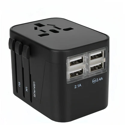Black multi-country travel adapter 54x68x51mm with universal plugs for 2000W devices in 180 countries